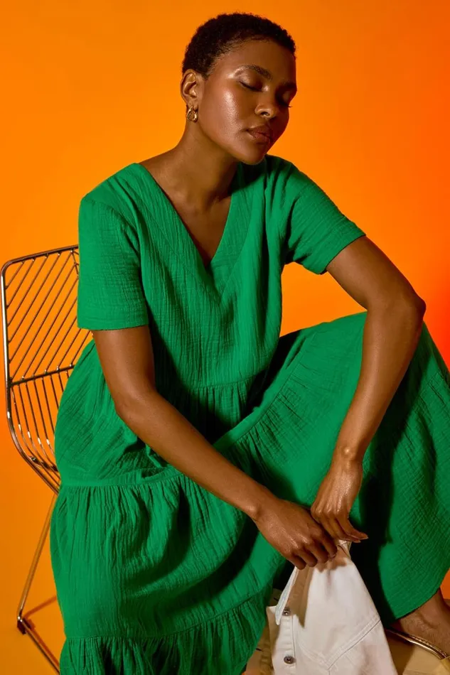 Women Green Cotton Textured Tiered Midi Dress Roman Dresses