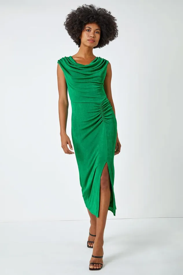 Women Green Cowl Neck Ruched Midi Dress Roman Dresses
