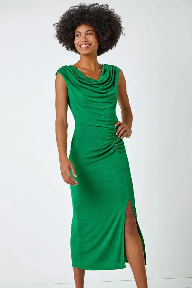 Women Green Cowl Neck Ruched Midi Dress Roman Dresses