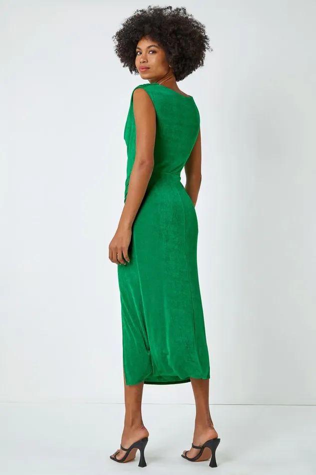 Women Green Cowl Neck Ruched Midi Dress Roman Dresses