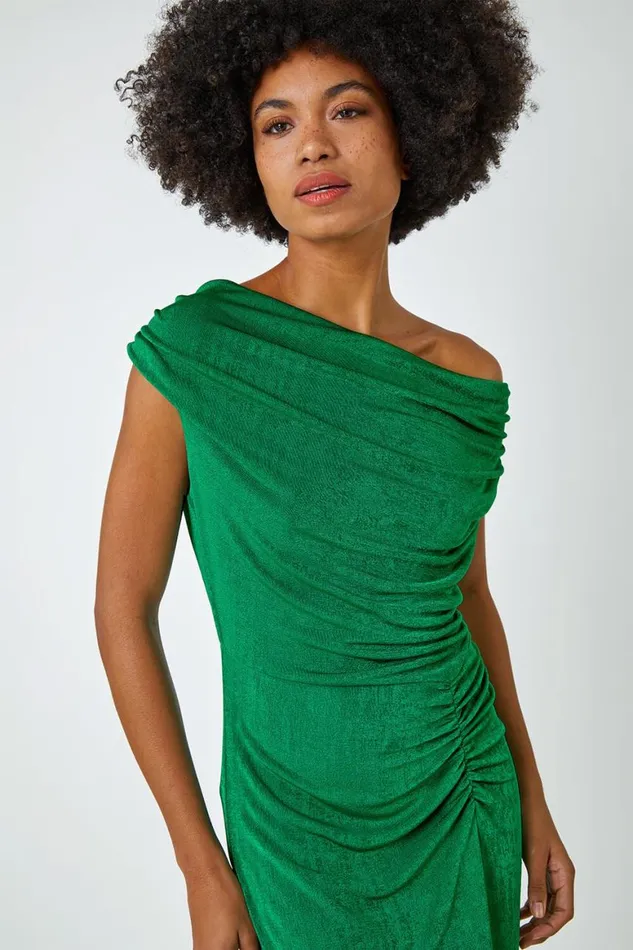 Women Green Cowl Neck Ruched Midi Dress Roman Dresses