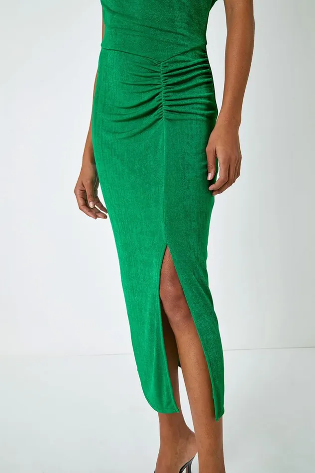Women Green Cowl Neck Ruched Midi Dress Roman Dresses