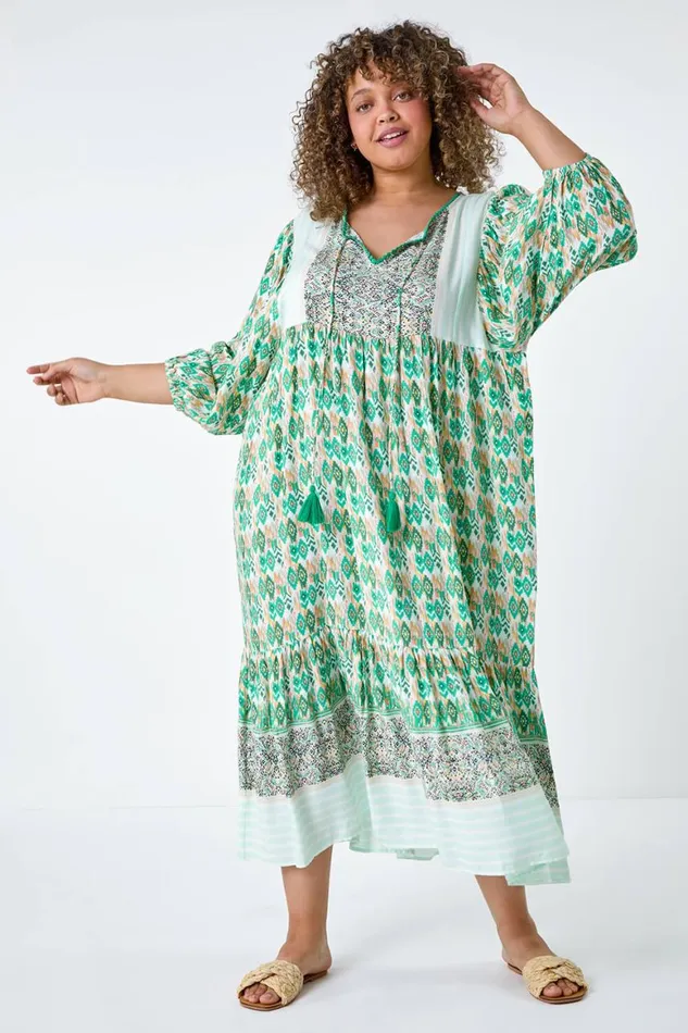 Women Green Curve Boho Print Tiered Midi Dress Roman Dresses