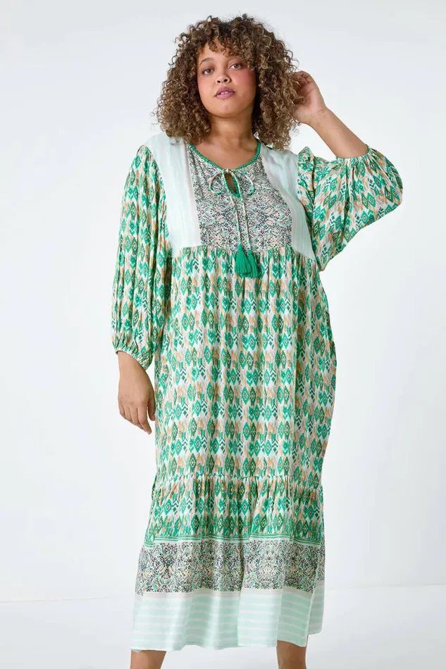 Women Green Curve Boho Print Tiered Midi Dress Roman Dresses