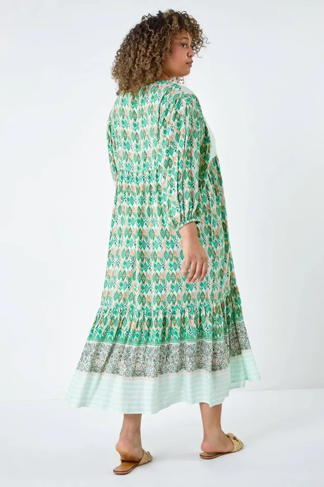 Women Green Curve Boho Print Tiered Midi Dress Roman Dresses