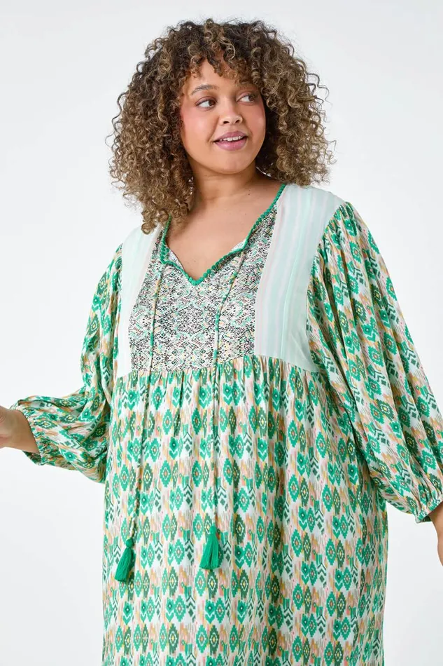 Women Green Curve Boho Print Tiered Midi Dress Roman Dresses