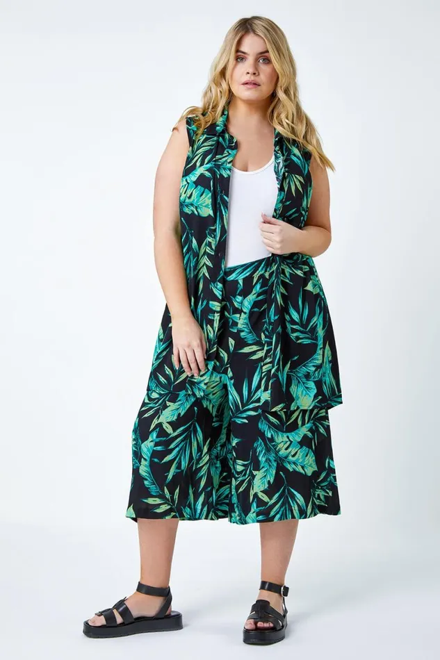 Women Green Curve Leaf Print Sleeveless Longline Tunic Shirt Roman Tops