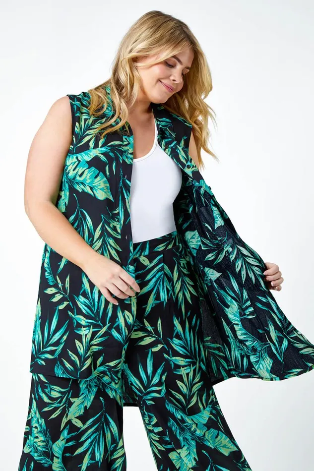 Women Green Curve Leaf Print Sleeveless Longline Tunic Shirt Roman Tops