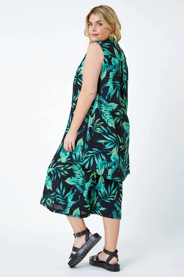 Women Green Curve Leaf Print Sleeveless Longline Tunic Shirt Roman Tops