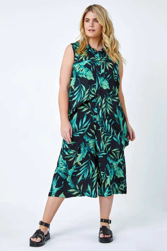 Women Green Curve Leaf Print Sleeveless Longline Tunic Shirt Roman Tops