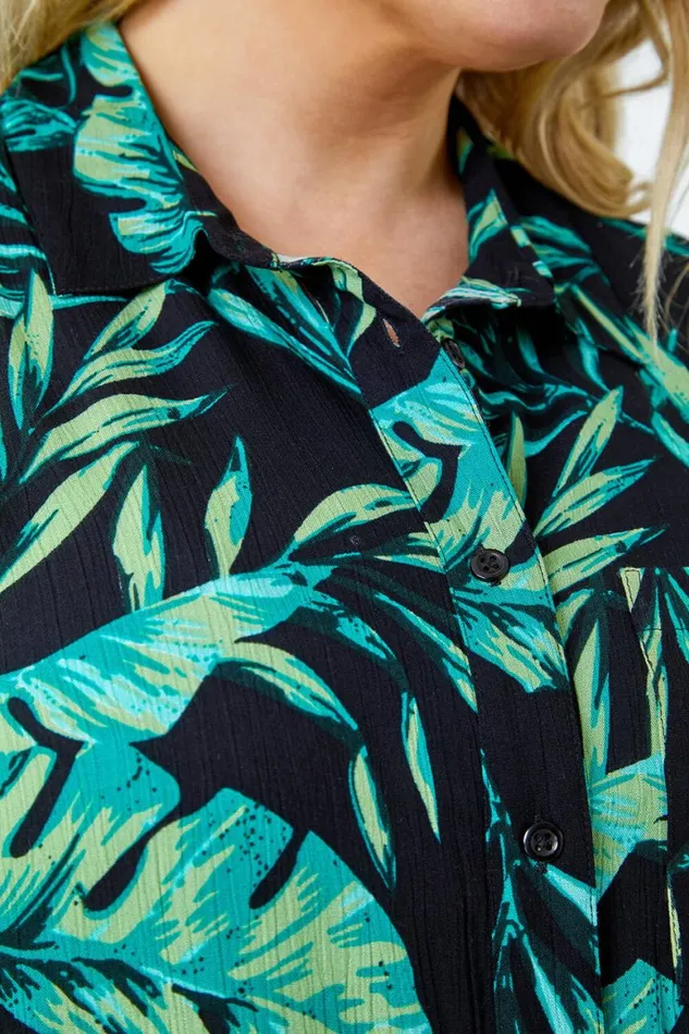 Women Green Curve Leaf Print Sleeveless Longline Tunic Shirt Roman Tops