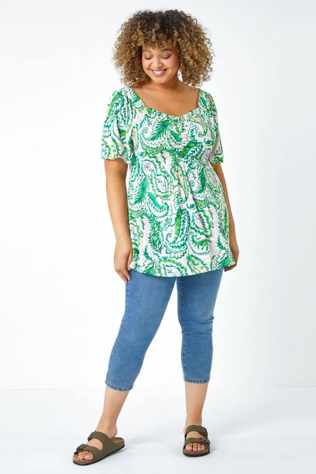 Women Green Curve Paisley Print Peplum VNeck Stretch Top Roman Tops