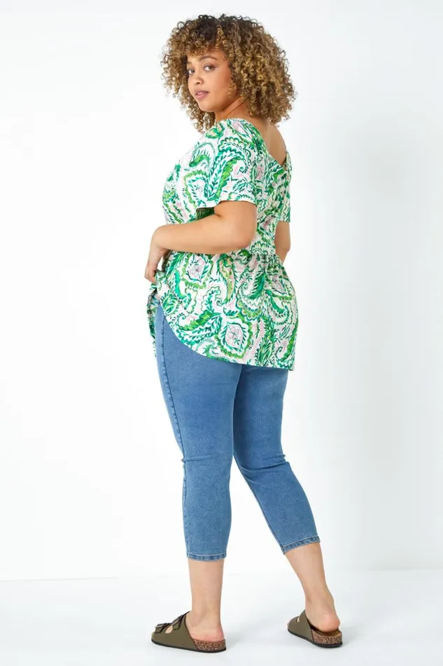Women Green Curve Paisley Print Peplum VNeck Stretch Top Roman Tops