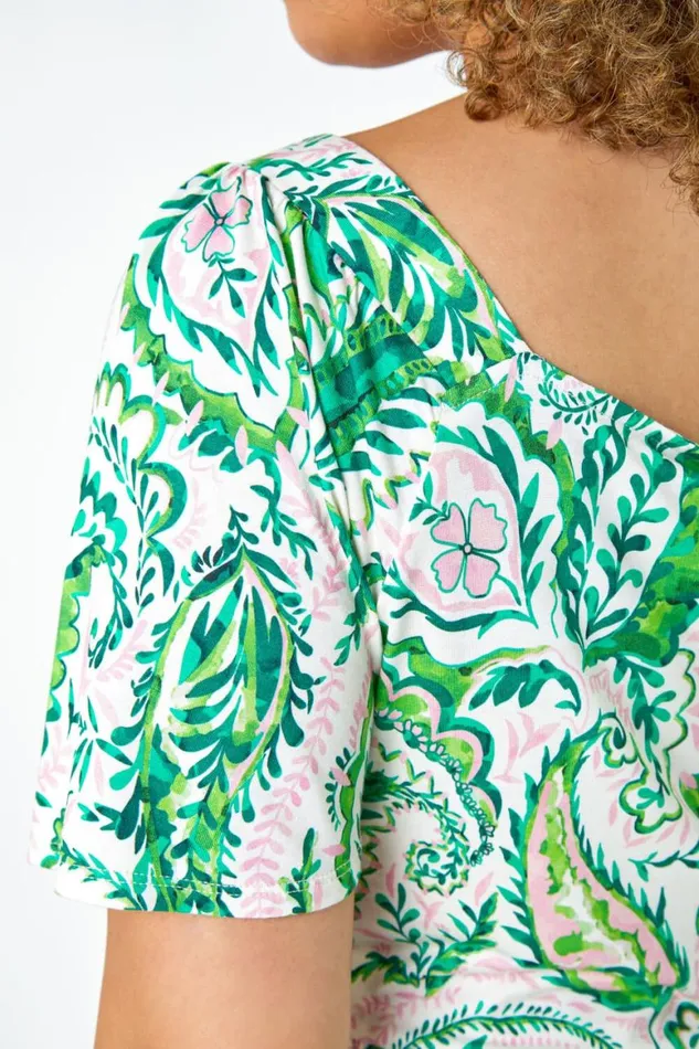 Women Green Curve Paisley Print Peplum VNeck Stretch Top Roman Tops