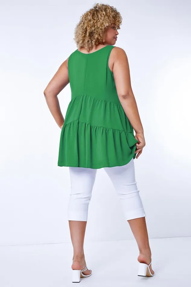 Women Green Curve Plain Tiered Tunic Vest Top Roman Tops