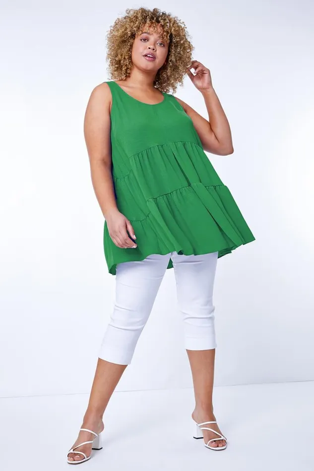 Women Green Curve Plain Tiered Tunic Vest Top Roman Tops