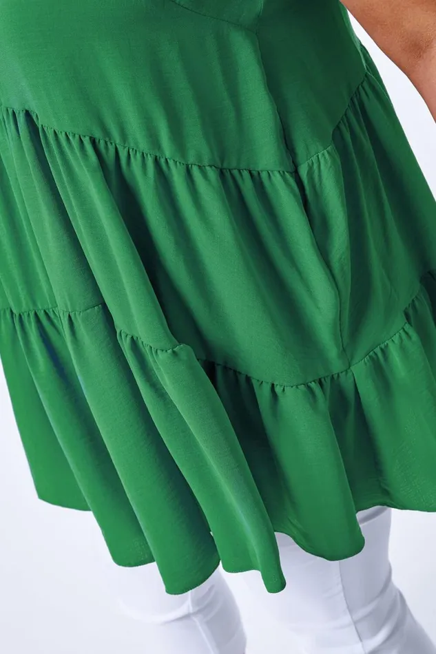 Women Green Curve Plain Tiered Tunic Vest Top Roman Tops