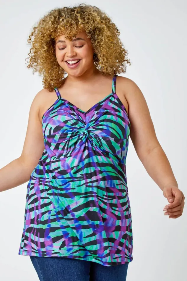 Women Green Curve Sleeveless Animal VNeck Vest Top Roman Tops