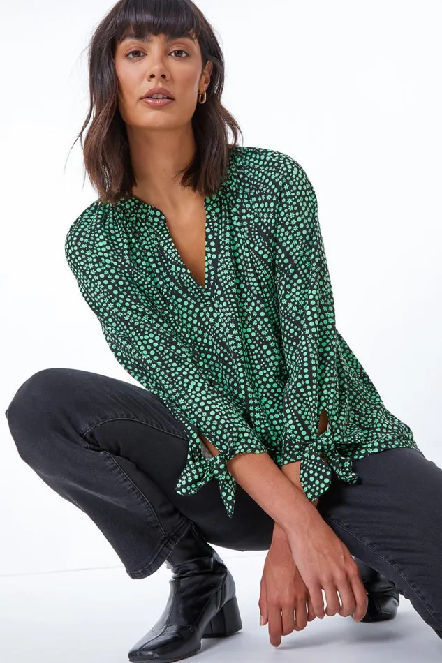 Women Green Ditsy Bow Tie Sleeve VNeck Top Roman Tops