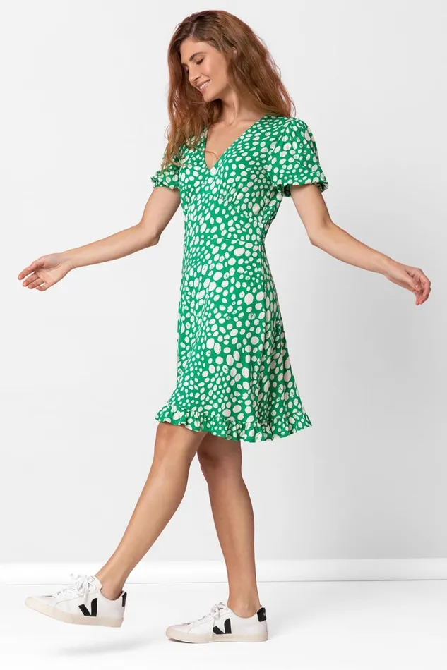 Women Green Ditsy Spot Frill Detail Tea Dress Roman Dresses
