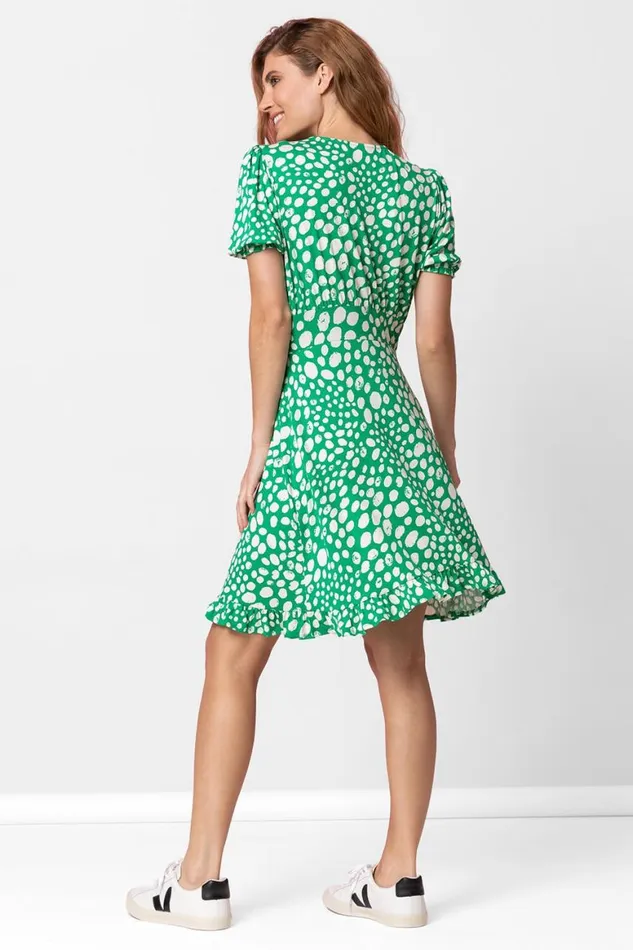 Women Green Ditsy Spot Frill Detail Tea Dress Roman Dresses