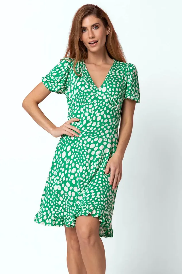 Women Green Ditsy Spot Frill Detail Tea Dress Roman Dresses