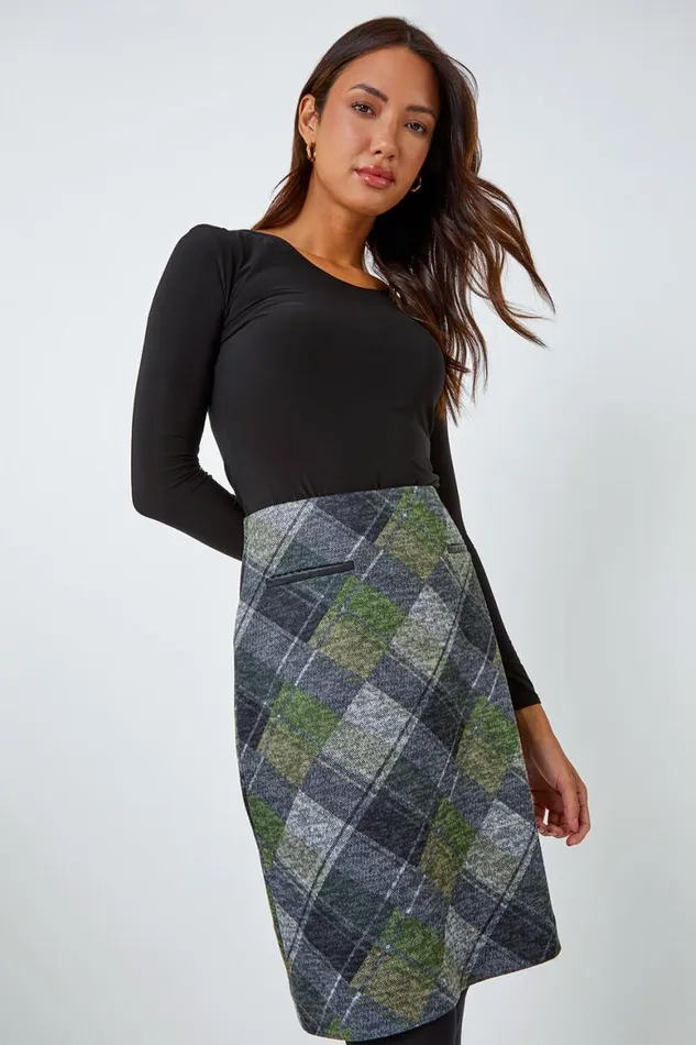 Women Green Elastic Waist Check Print Pocket A Line Skirt Roman Skirts