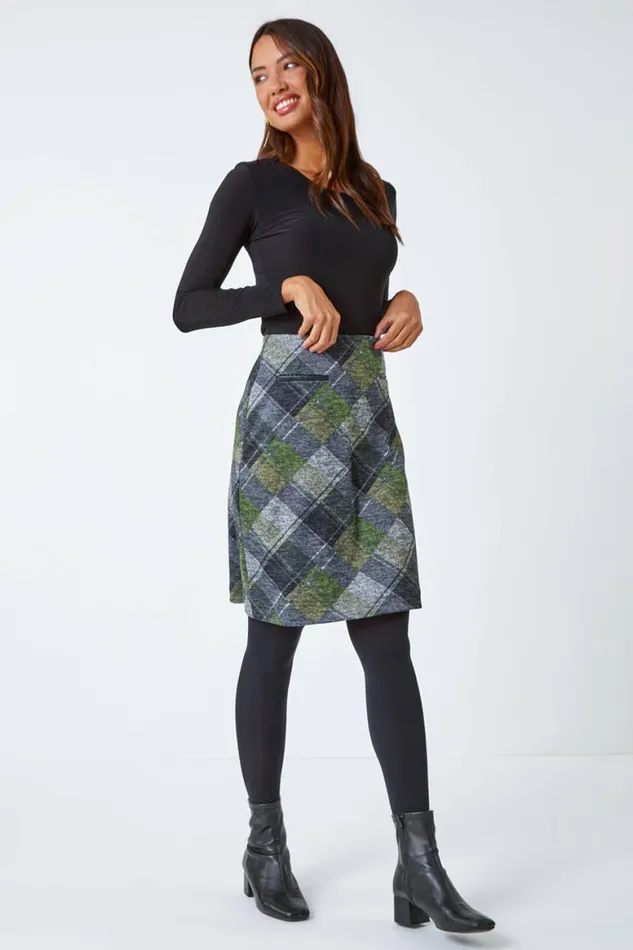 Women Green Elastic Waist Check Print Pocket A Line Skirt Roman Skirts