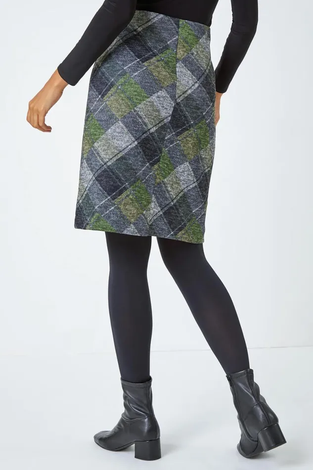 Women Green Elastic Waist Check Print Pocket A Line Skirt Roman Skirts