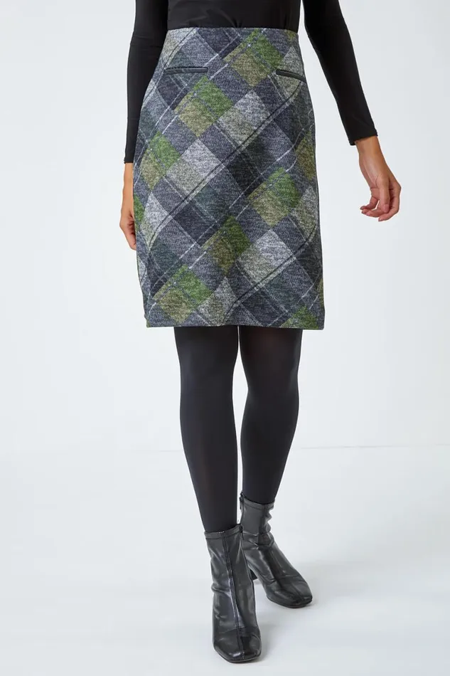 Women Green Elastic Waist Check Print Pocket A Line Skirt Roman Skirts