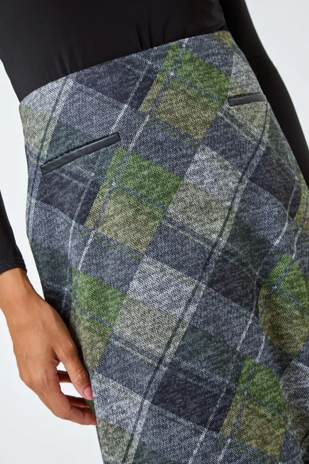 Women Green Elastic Waist Check Print Pocket A Line Skirt Roman Skirts