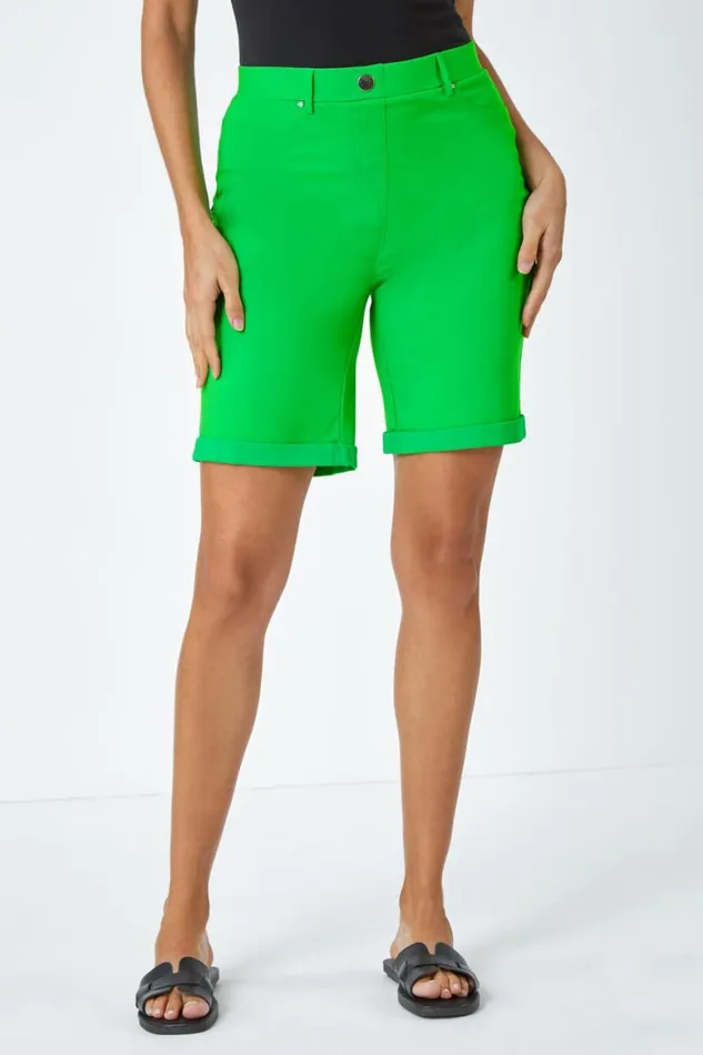 Women Green Elastic Waist Turn Up Stretch Shorts Roman Shorts