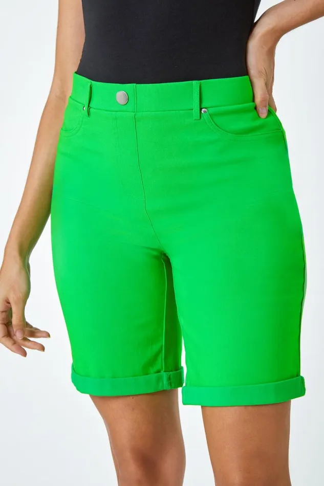 Women Green Elastic Waist Turn Up Stretch Shorts Roman Shorts