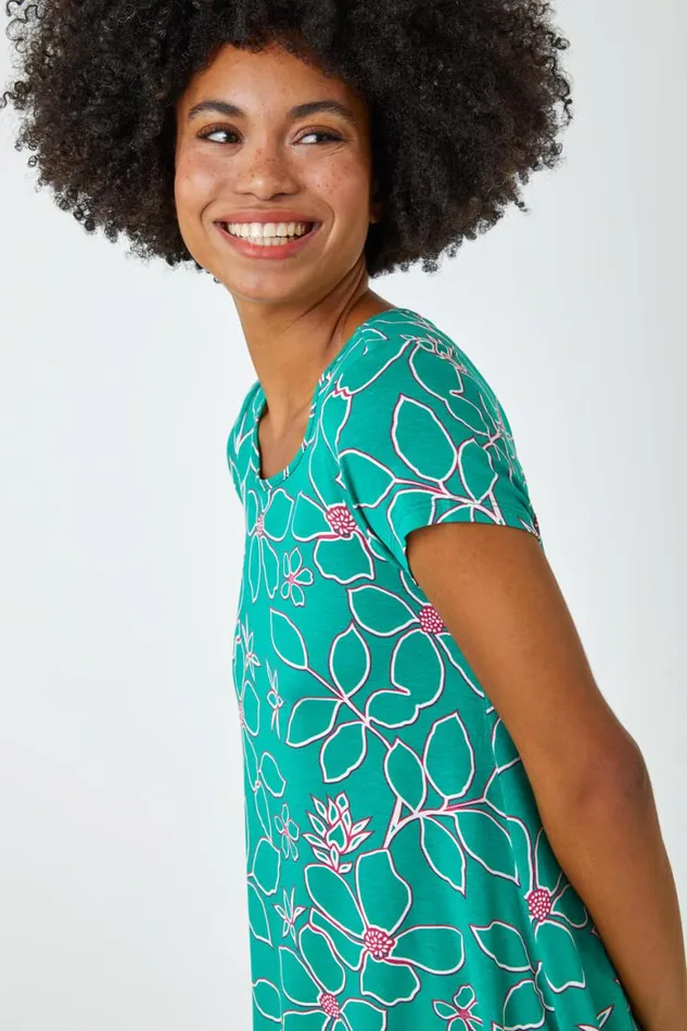 Women Green Floral Hanky Hem Tunic Top Roman Tops