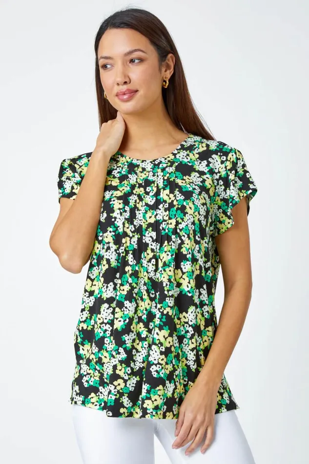 Women Green Floral Print Pleat Detail Blouse Roman Tops