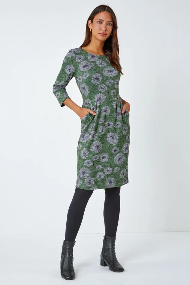 Women Green Floral Print Pocket Stretch Dress Roman Dresses