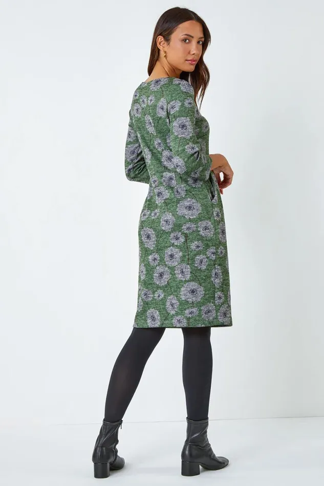 Women Green Floral Print Pocket Stretch Dress Roman Dresses