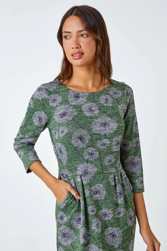 Women Green Floral Print Pocket Stretch Dress Roman Dresses