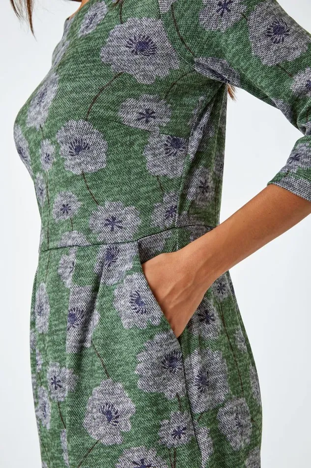 Women Green Floral Print Pocket Stretch Dress Roman Dresses
