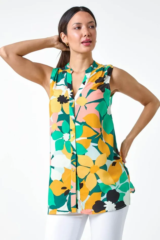 Women Green Floral Print Sleeveless VNeck Button Blouse Roman Tops