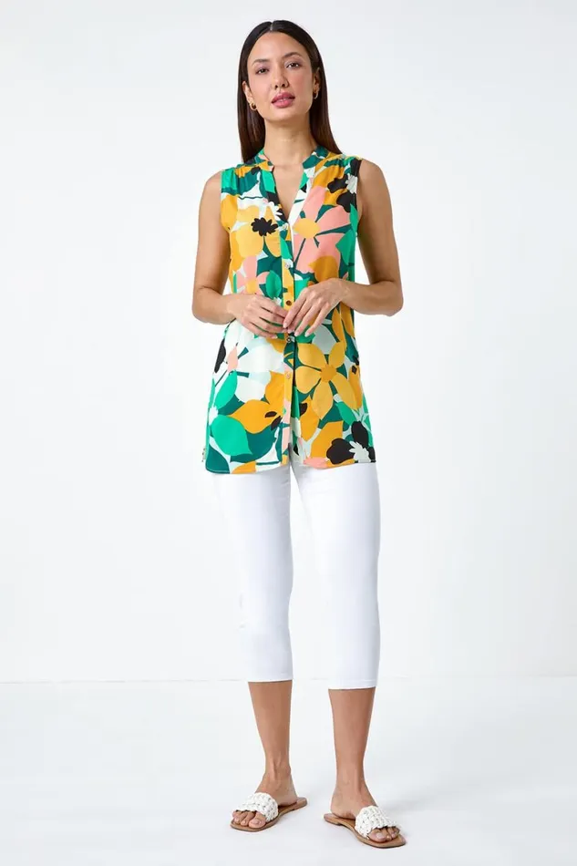 Women Green Floral Print Sleeveless VNeck Button Blouse Roman Tops