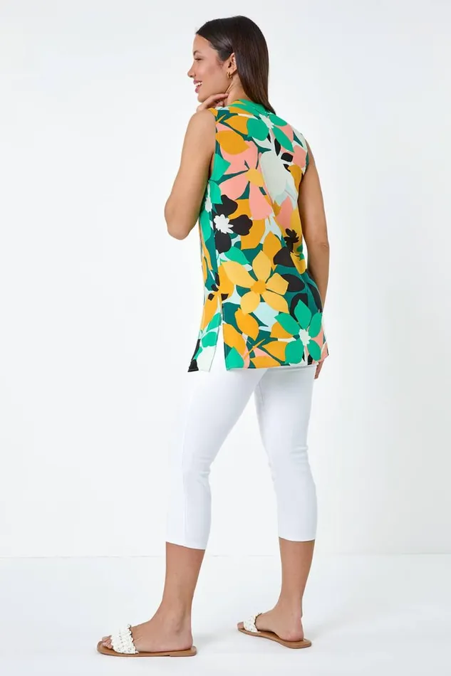 Women Green Floral Print Sleeveless VNeck Button Blouse Roman Tops