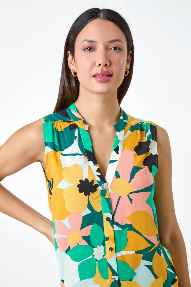Women Green Floral Print Sleeveless VNeck Button Blouse Roman Tops