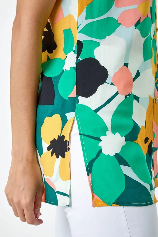 Women Green Floral Print Sleeveless VNeck Button Blouse Roman Tops