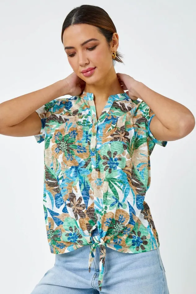Women Green Floral Print Tie Detail Top Roman Tops