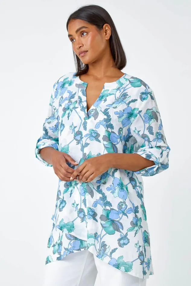 Women Green Floral Print Wrap Hem VNeck Tunic Top Roman Tops