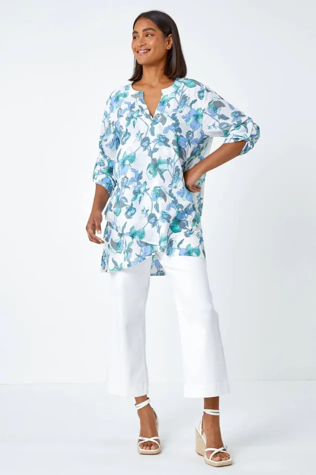 Women Green Floral Print Wrap Hem VNeck Tunic Top Roman Tops