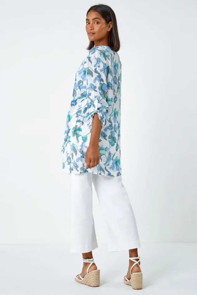 Women Green Floral Print Wrap Hem VNeck Tunic Top Roman Tops