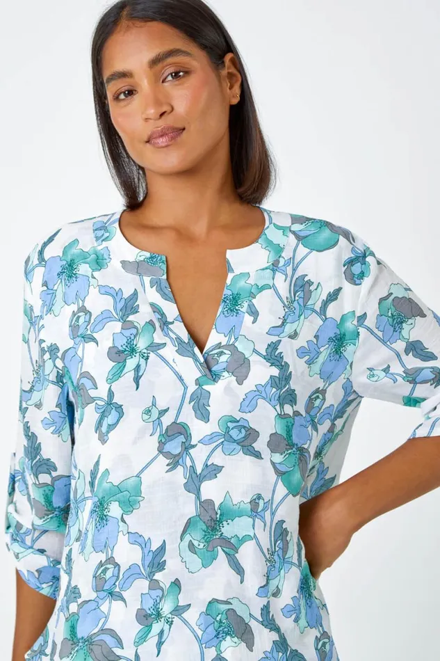 Women Green Floral Print Wrap Hem VNeck Tunic Top Roman Tops