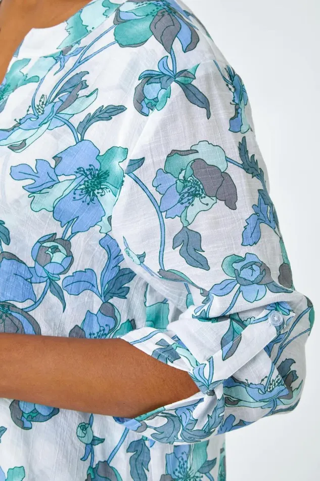 Women Green Floral Print Wrap Hem VNeck Tunic Top Roman Tops